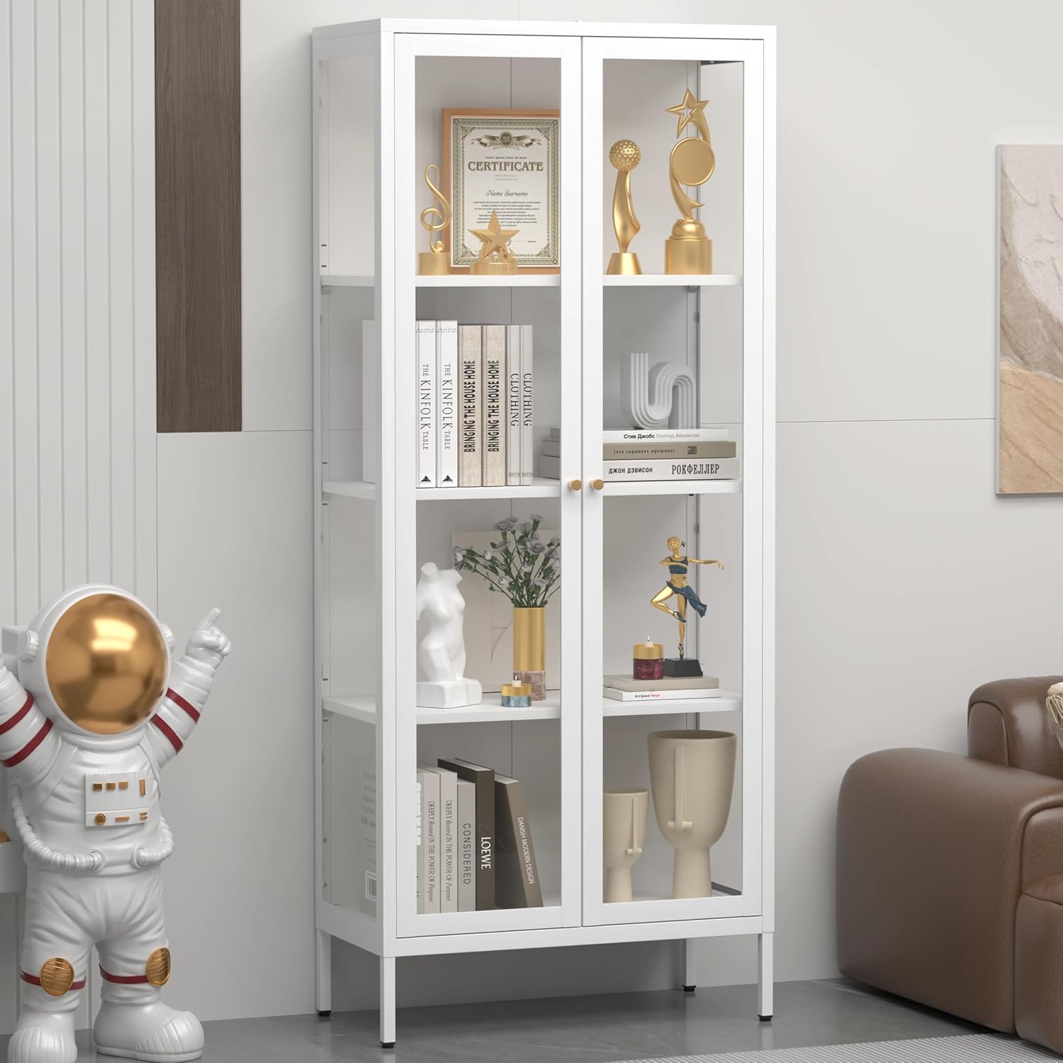 4-Tier White Metal Glass Display Cabinet