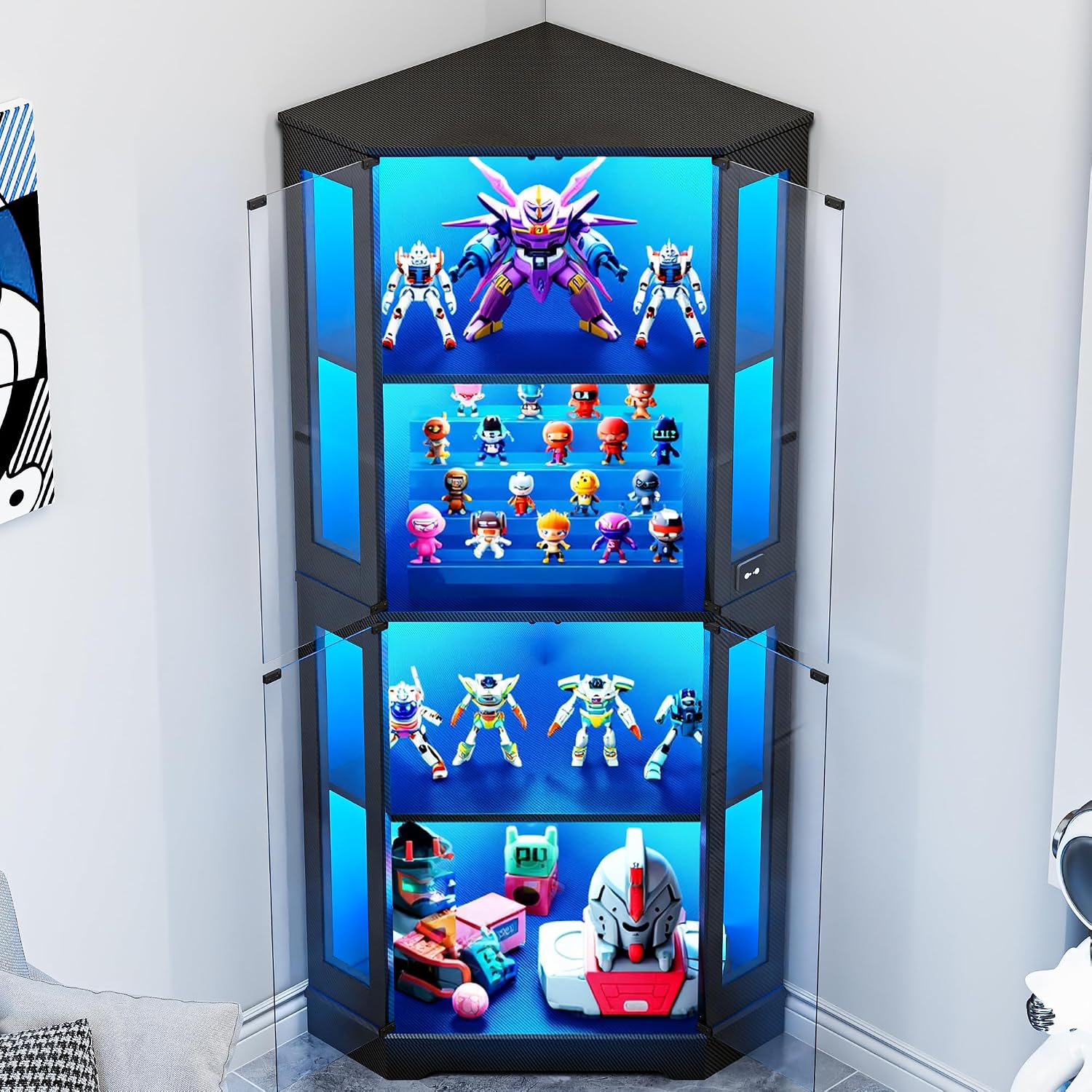 71" Black Carbon Fiber LED Corner Glass Display Cabinet