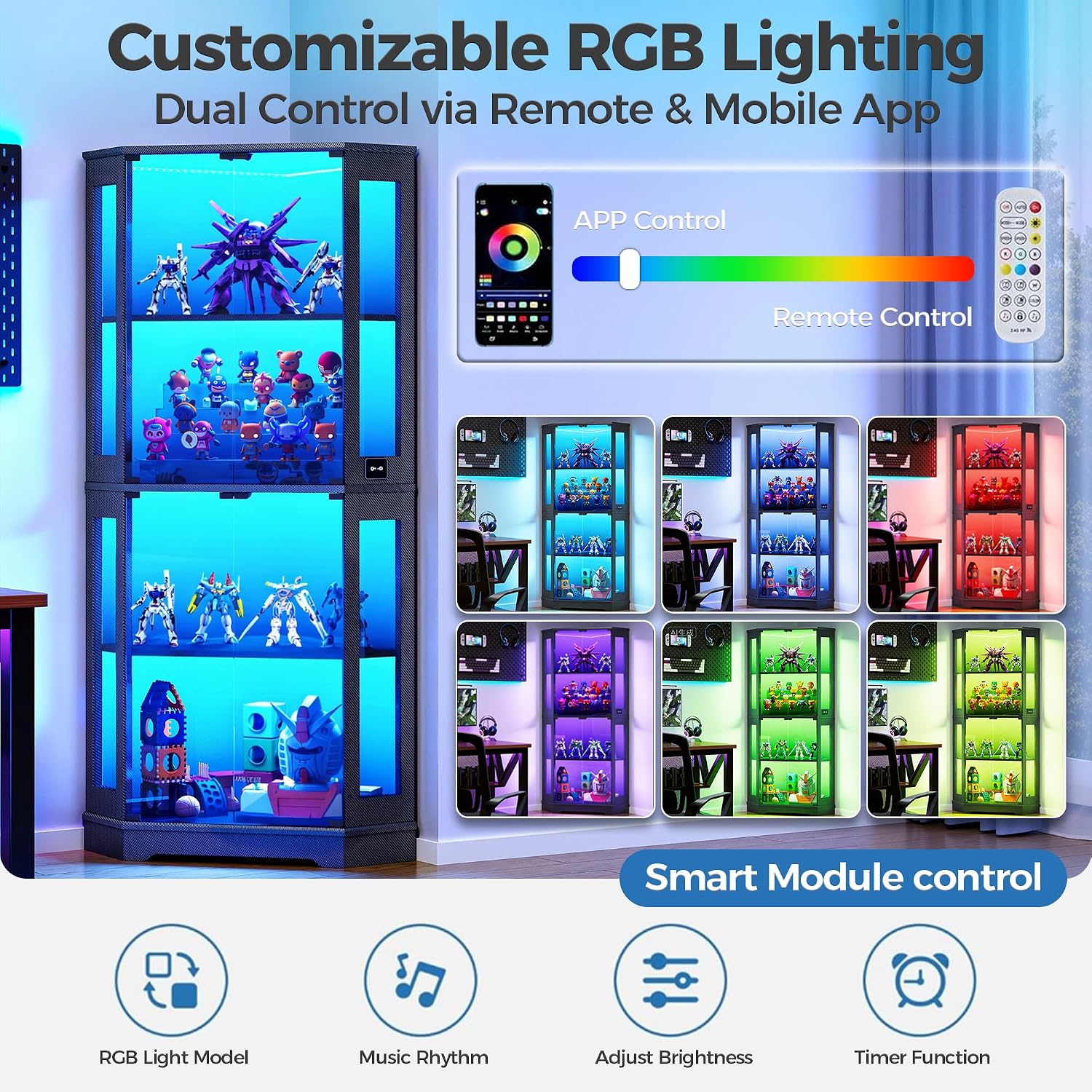 71" Black Carbon Fiber LED Corner Glass Display Cabinet