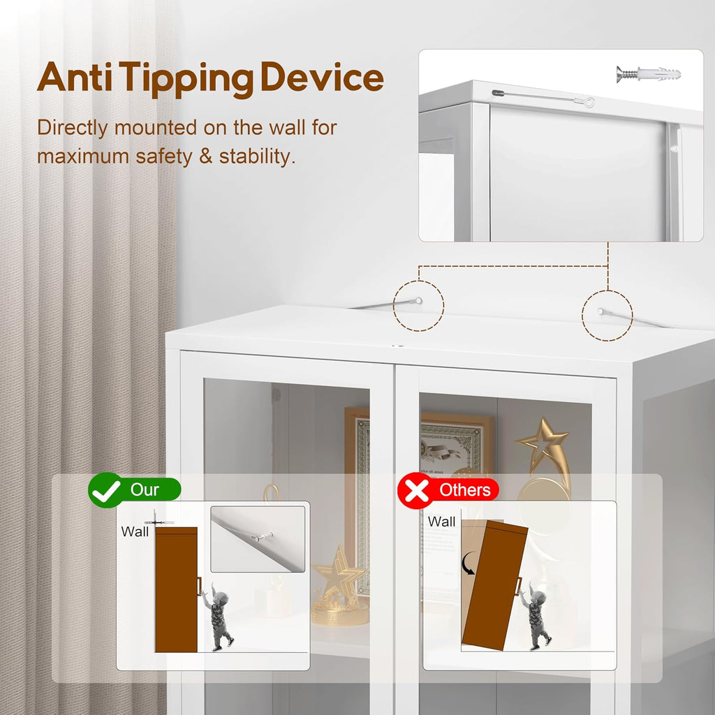 4-Tier White Metal Glass Display Cabinet