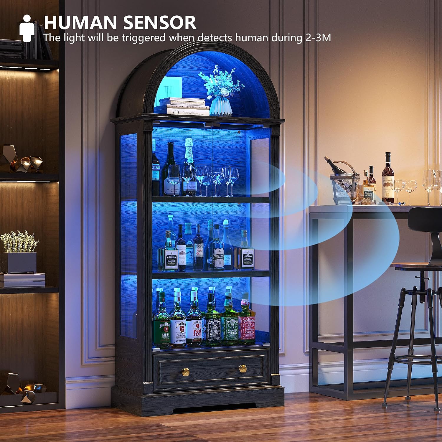 72" Black Arched LED Glass Curio Display Cabinet
