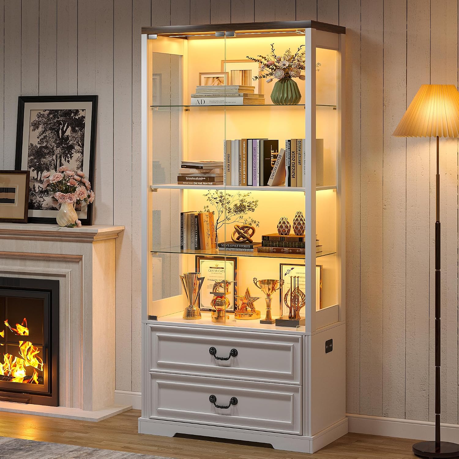 67" LED Glass Display Cabinet with 2 Drawers