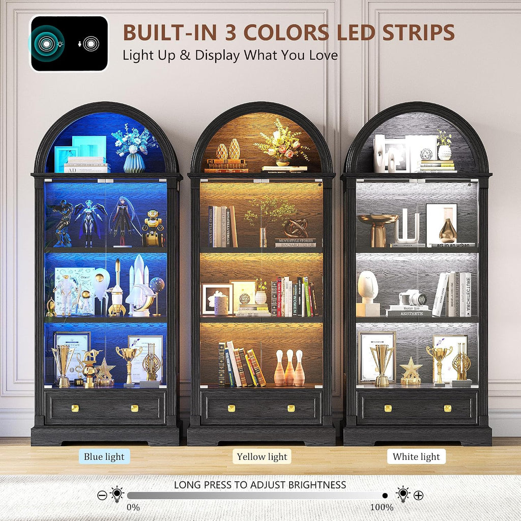 72" Black Arched LED Glass Curio Display Cabinet