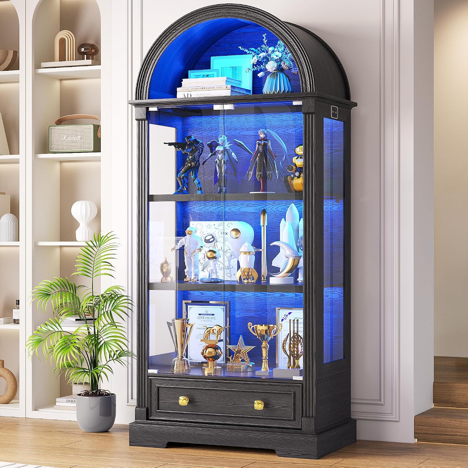 72" Black Arched LED Glass Curio Display Cabinet