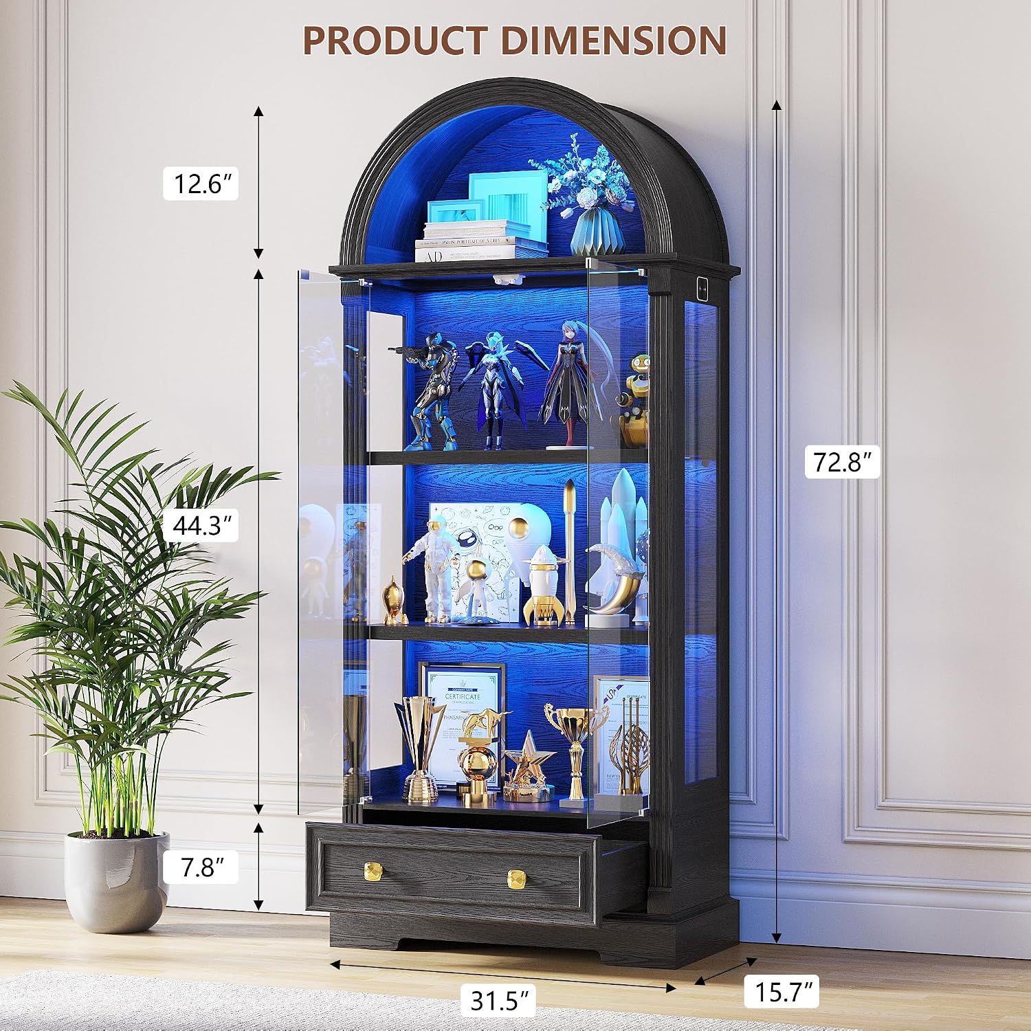 72" Black Arched LED Glass Curio Display Cabinet